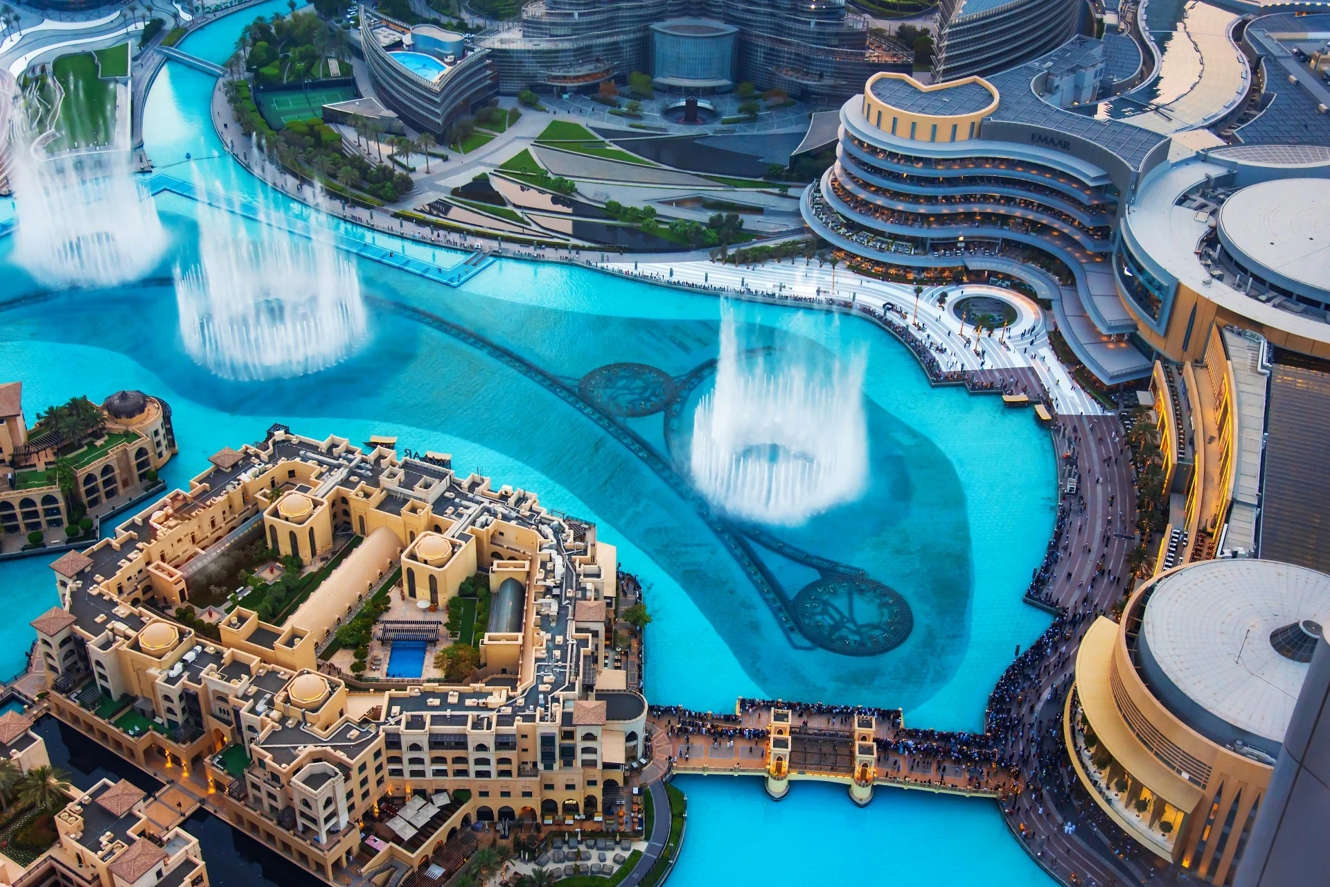 The Dubai Fountain, the world's largest choreographed fountain system, at the centre of downtown Dubai.