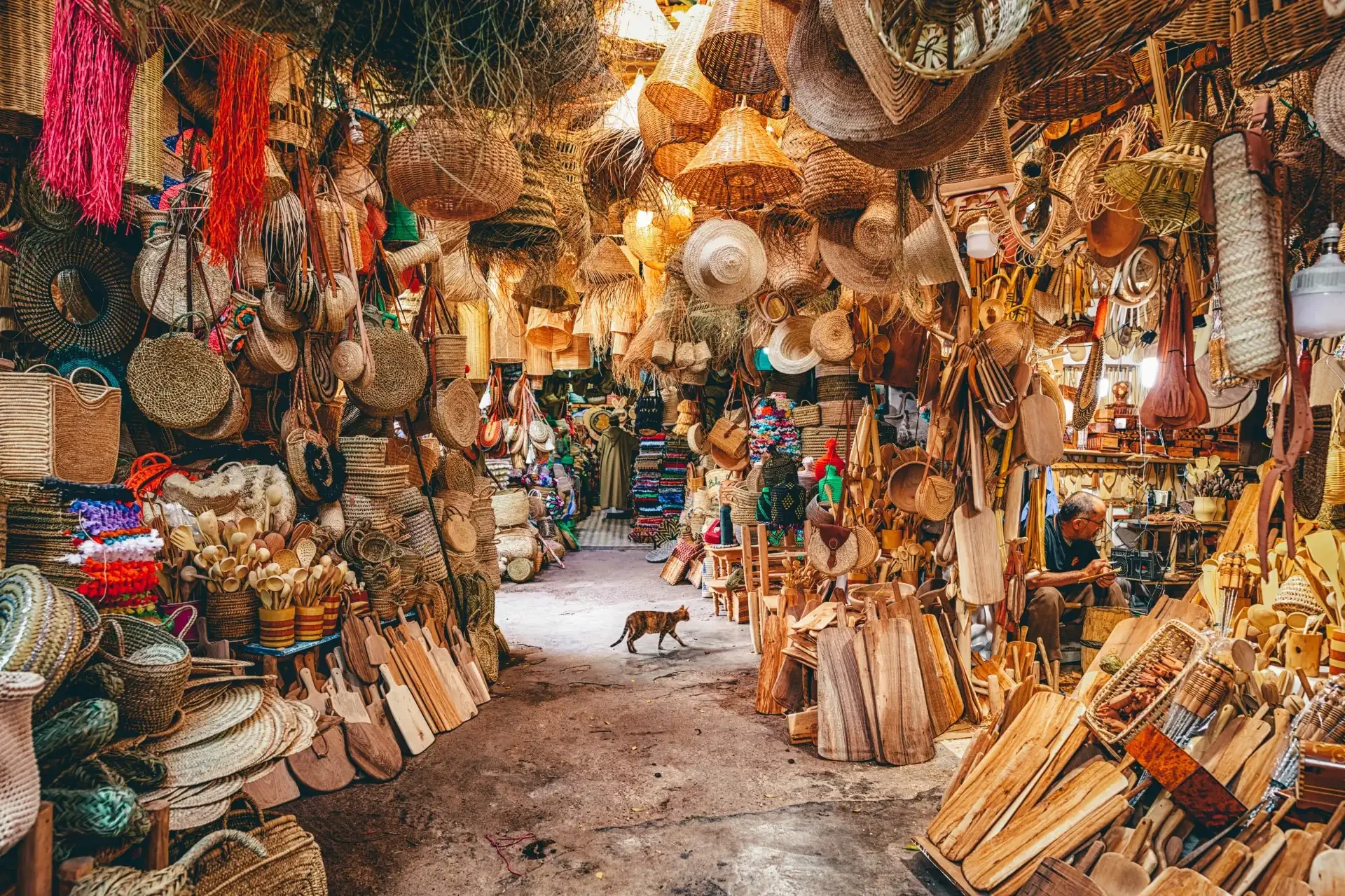 A stray cat walks through a traditional souk, home to vibrant stalls and colourful fabrics.