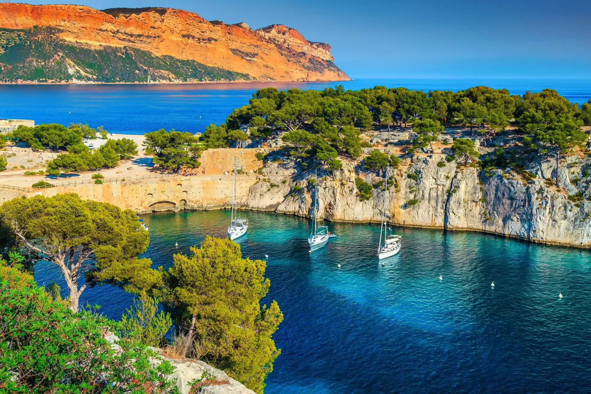 Calanques de Port Pin bay in Cassis near Marseille, France. The scene features turquoise waters surrounded by rugged limestone cliffs, with lush greenery and trees scattered along the shoreline.