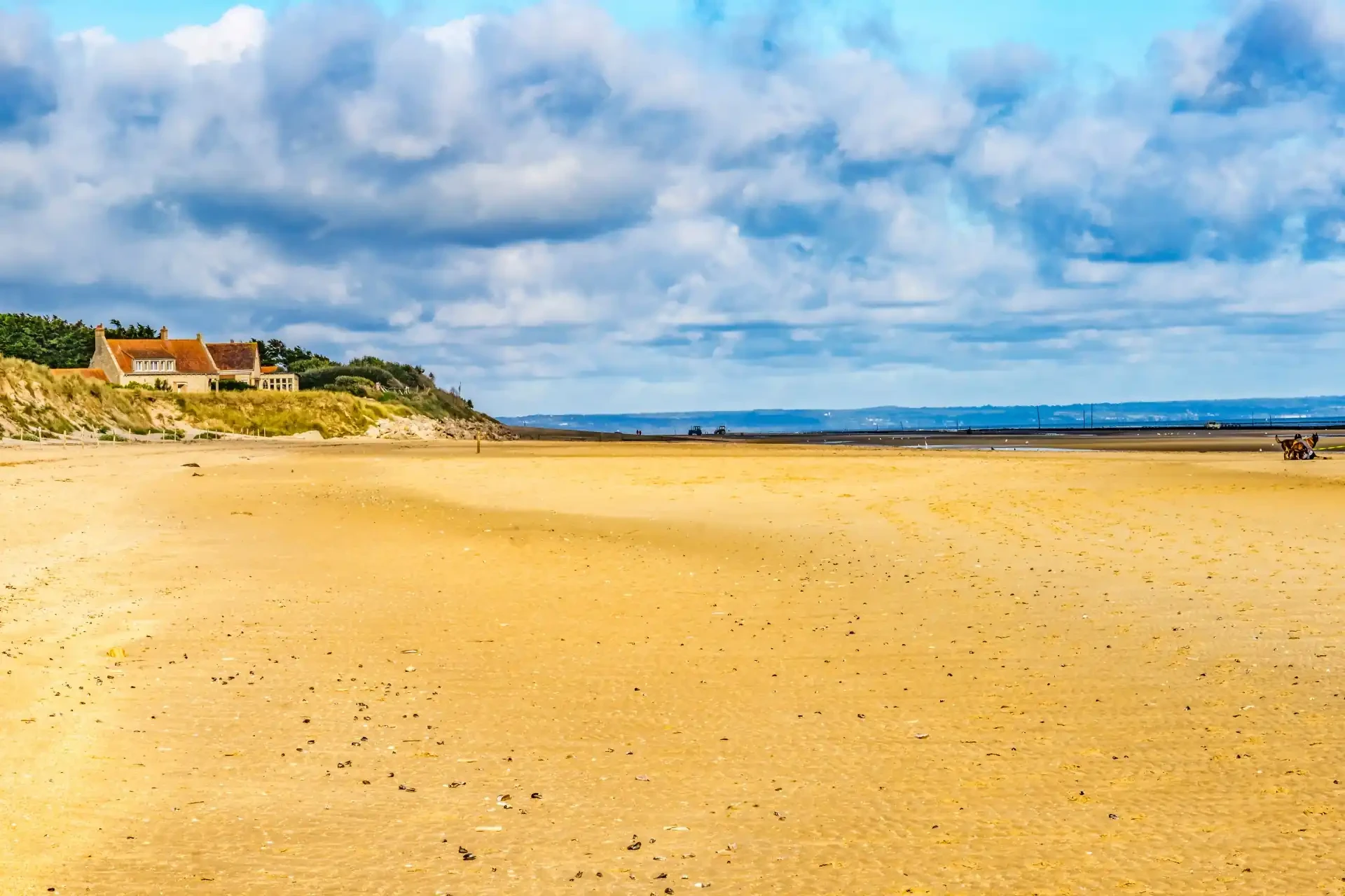 A yellow beach in Normandy, empty and serene, standing in stark contrast to its historic significance during the D-Day landings.