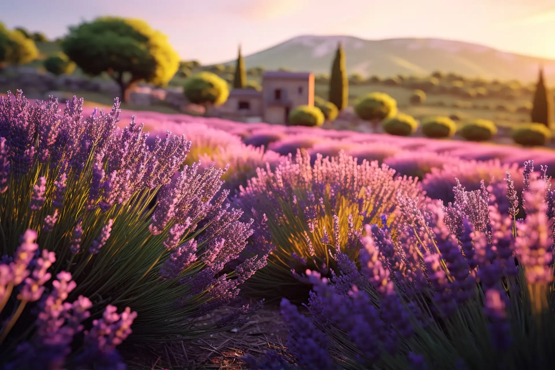 A close-up shot of lavender fields at sunset in France. The vibrant purple hues of the flowers are illuminated by the warm glow of the setting sun.