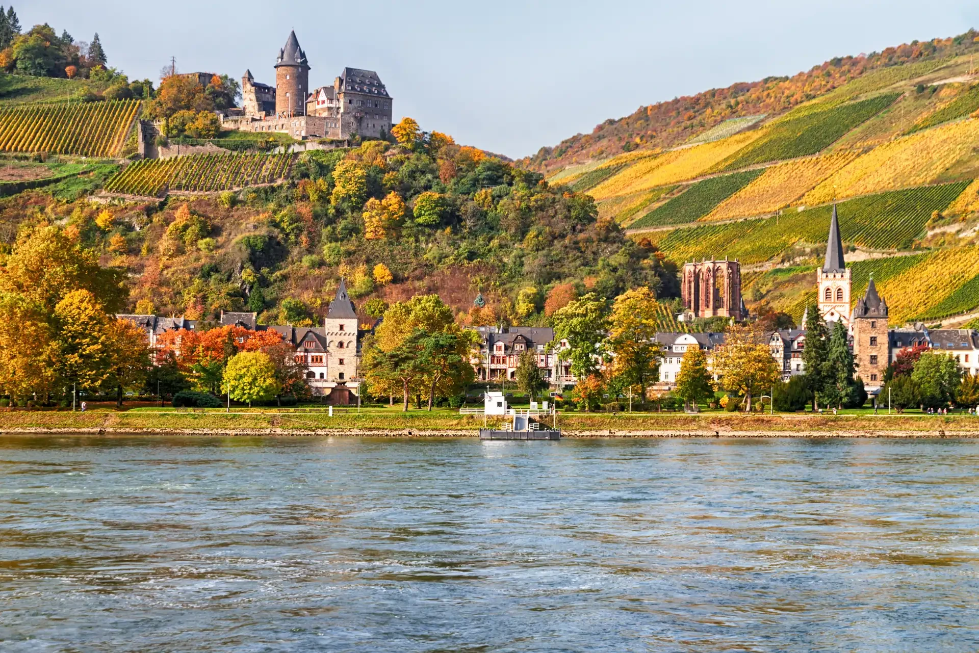View of the village of Bacharach on the banks of the Rhine in autumn, with vibrant fall foliage in the Rhine Valley.