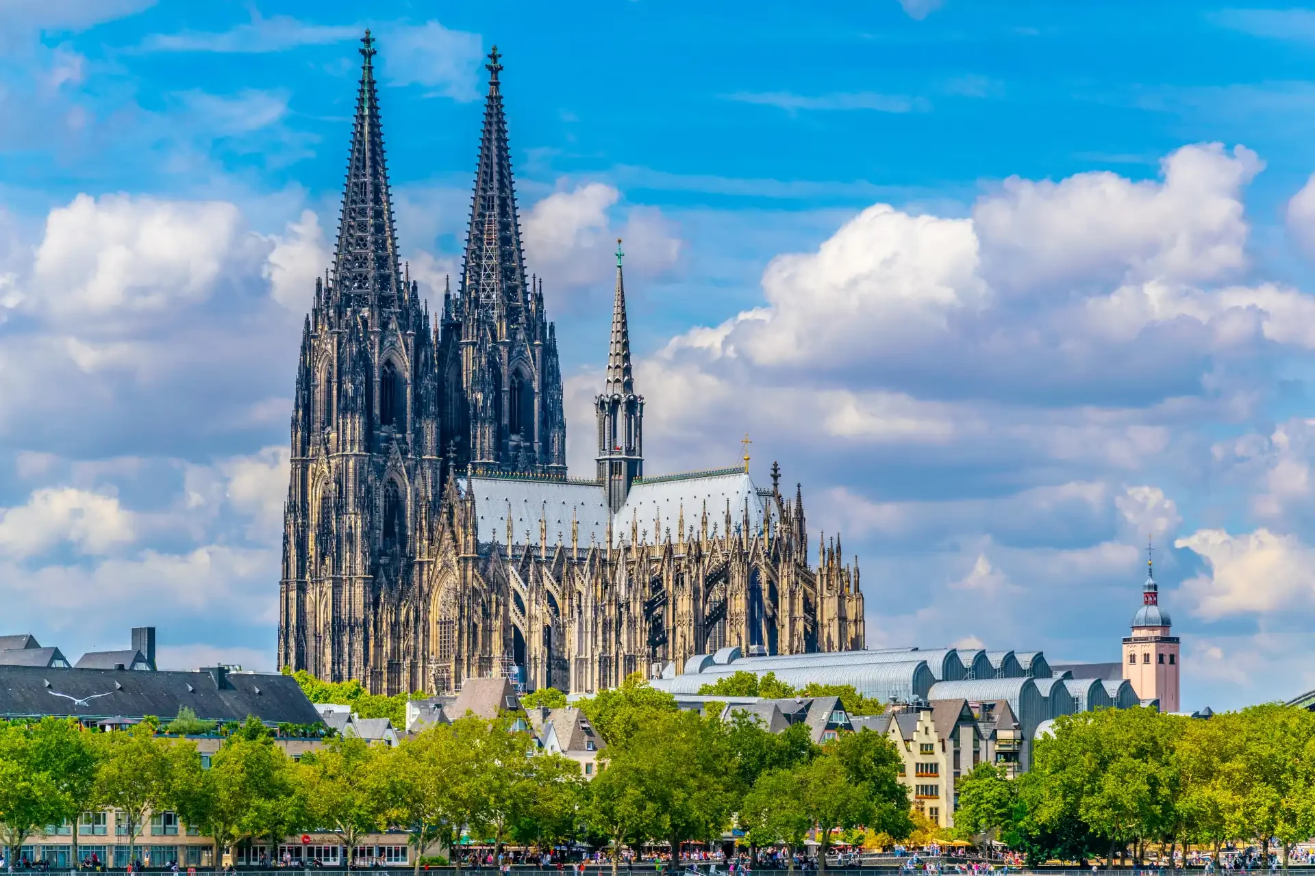 Detailed view of the Cologne Cathedral in Germany, showcasing its intricate Gothic architecture. A blue cloudy sky and lush green trees colour the image.