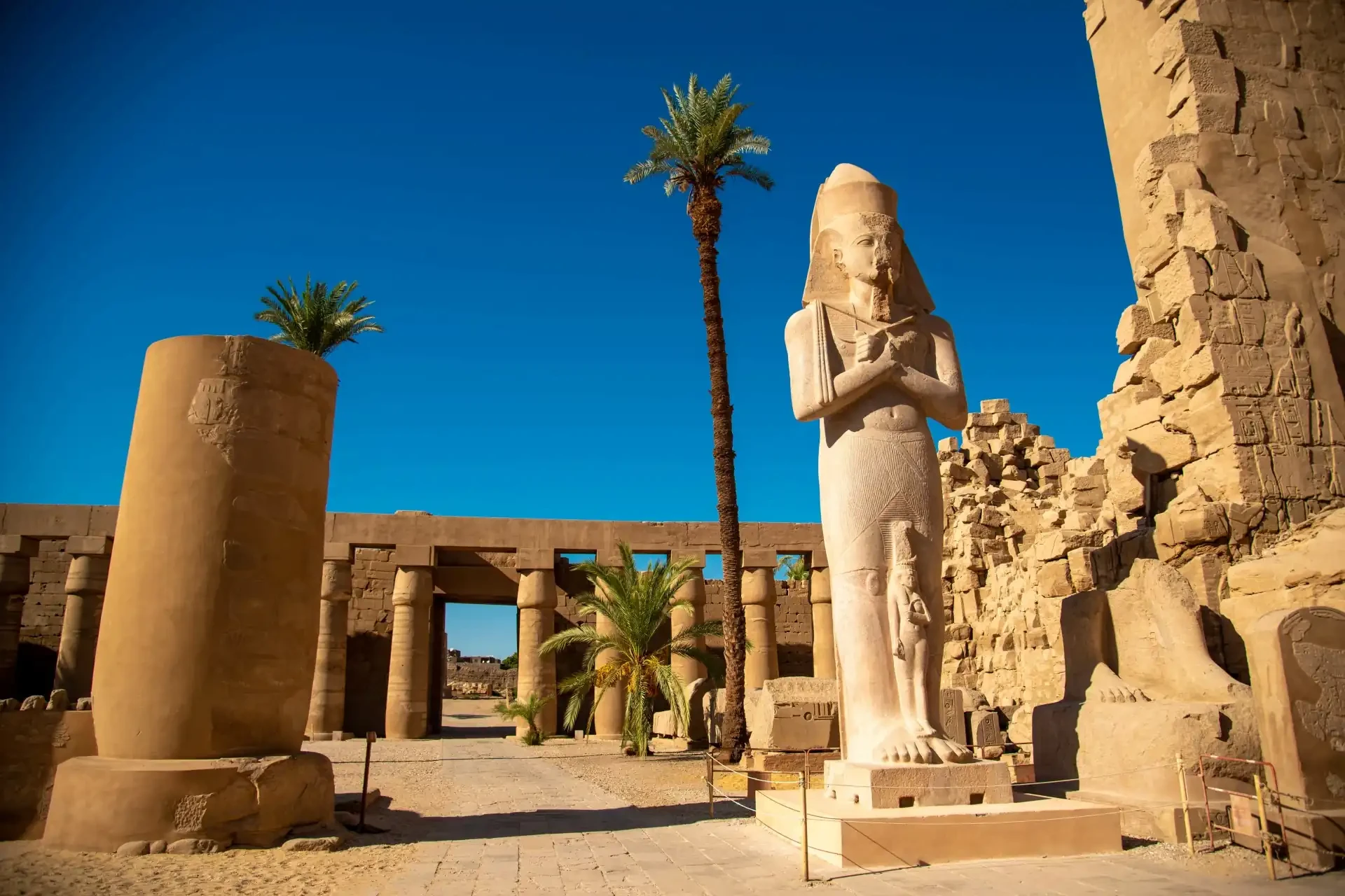 Massive columns and hieroglyphs at Karnak Temple.