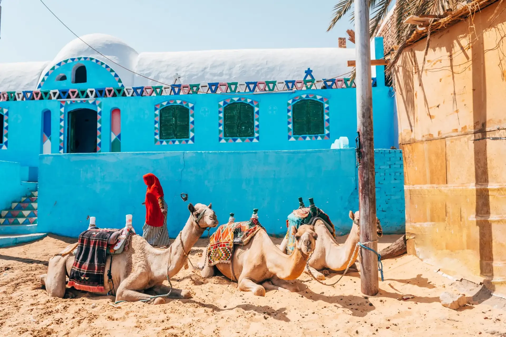 Camels sit in front of a vibrant blue house adorned with patterns in a Nubian village by the Nile.
