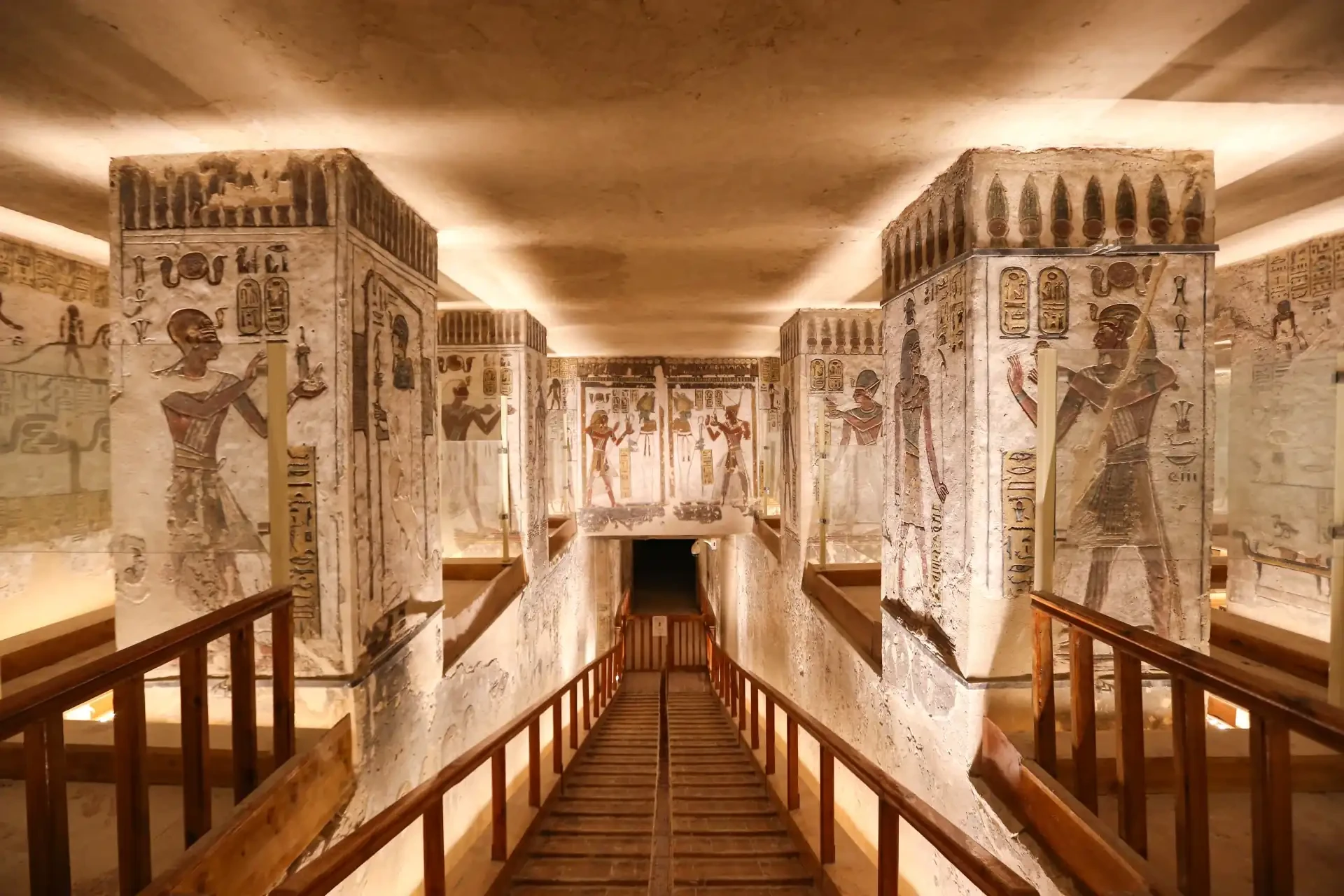 The Valley of the Kings, a burial ground for pharaohs, featuring tombs adorned with hieroglyphs.