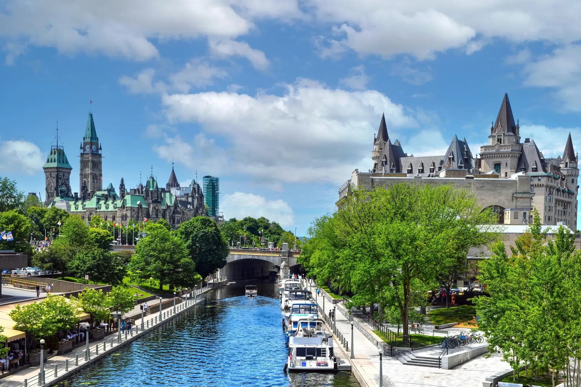 A cloudy day featuring Rideau Canal in Ontario, a scenic waterway and UNESCO World Heritage Site.