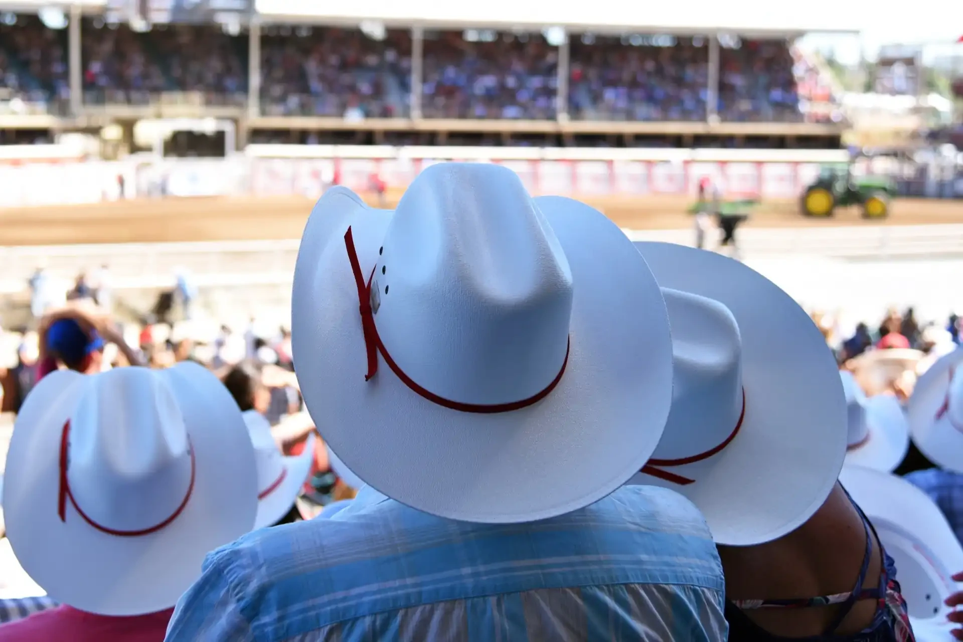 People in white cowboy hats watching the Calgary Stampede in Alberta, a lively and iconic annual rodeo and exhibition event.