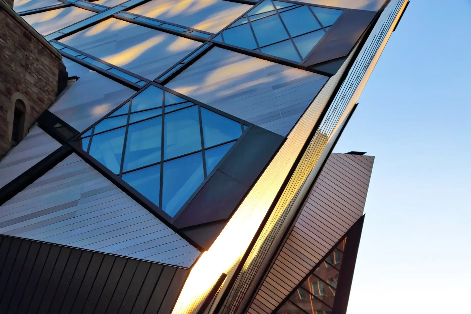 A close-up of the architectural details of the Royal Ontario Museum in Toronto.