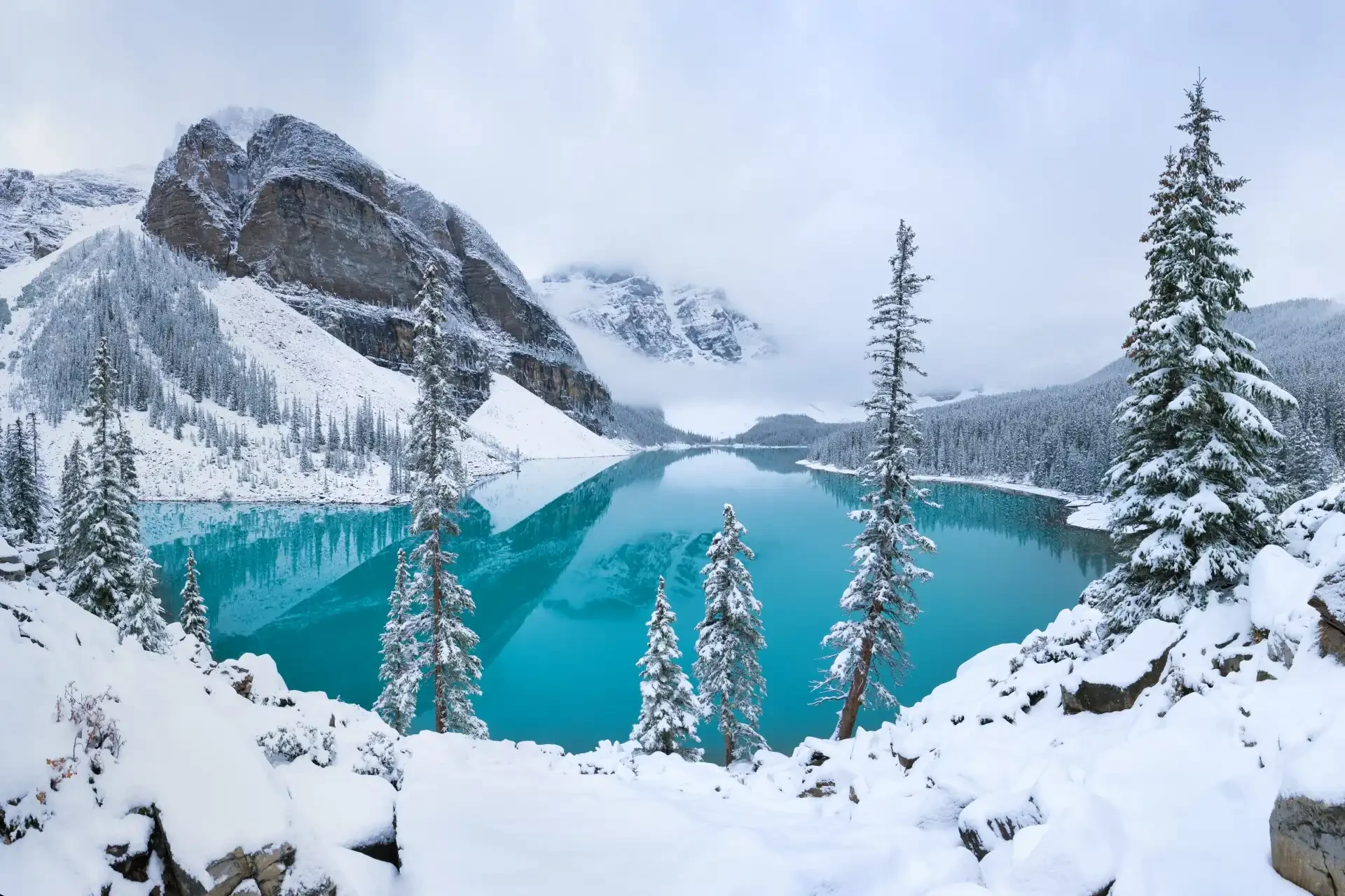 A mountainous snowy landscape in Canada during winter.