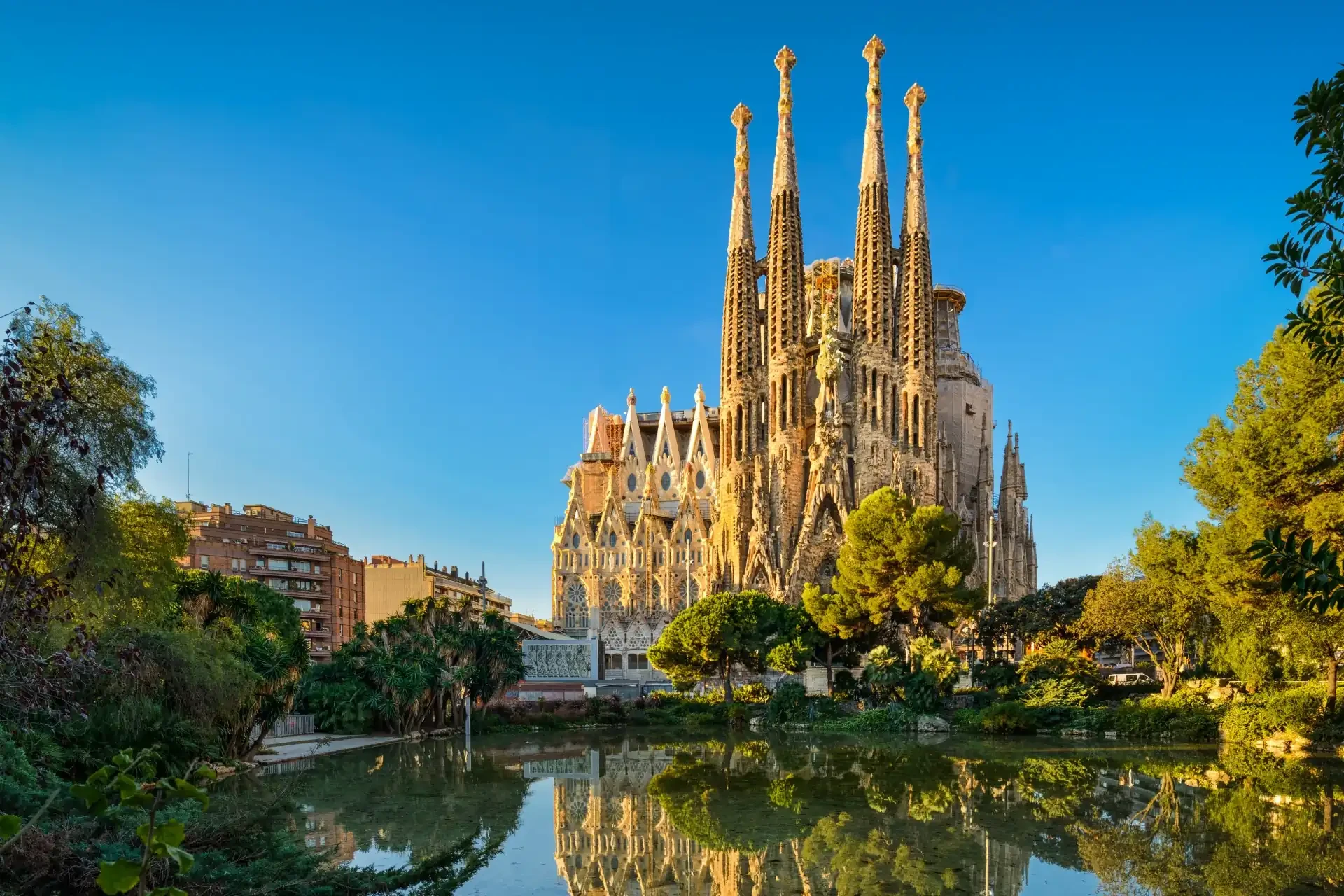 The Sagrada Familia, a famous landmark in Barcelona, Spain, is captured against a backdrop of a clear blue sky, with lush green trees surrounding it.