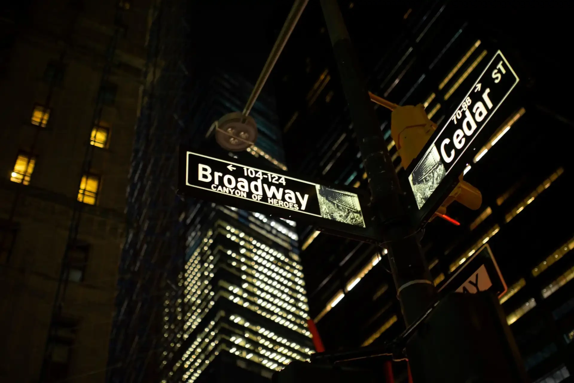 Street sign for Broadway in New York City against a cityscape backdrop, symbolising the world-renowned theatre district.