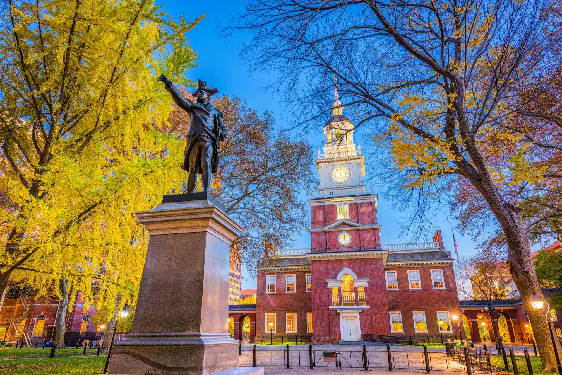 Facade of Independence Hall in Philadelphia, a historic building where pivotal events in American history took place.