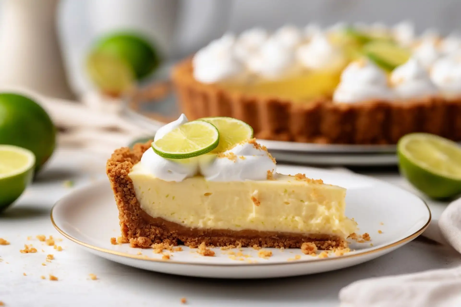 A slice of Key Lime Pie with a graham cracker crust, topped with whipped cream and fresh lime slices.