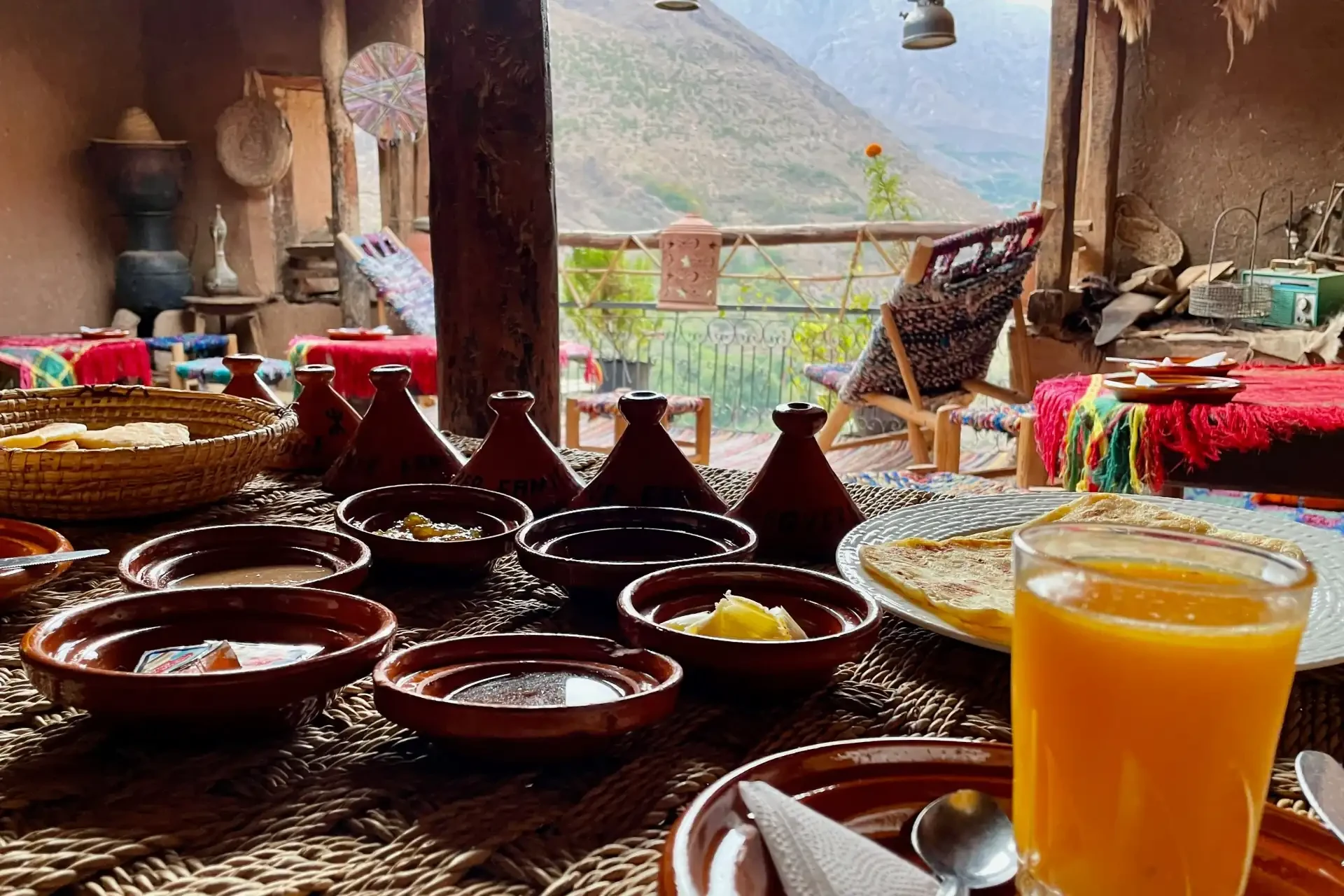 A Moroccan breakfast enjoyed as part of a Berber Village homestay.