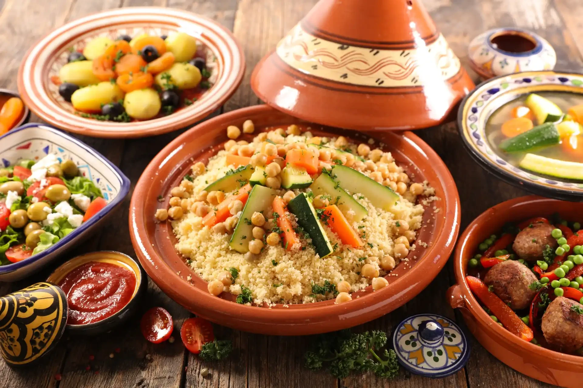 Moroccan food. Couscous adorned with chickpeas, vegetables and aromatic herbs.
