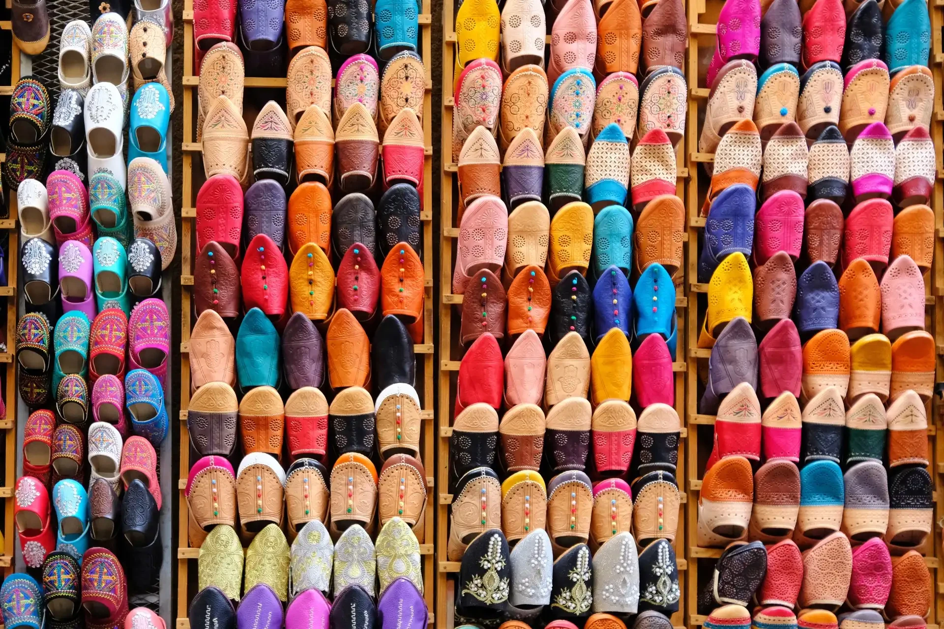 Colourful handmade leather slippers known as ‘babouches’ on a market in the city Fez in Morocco.