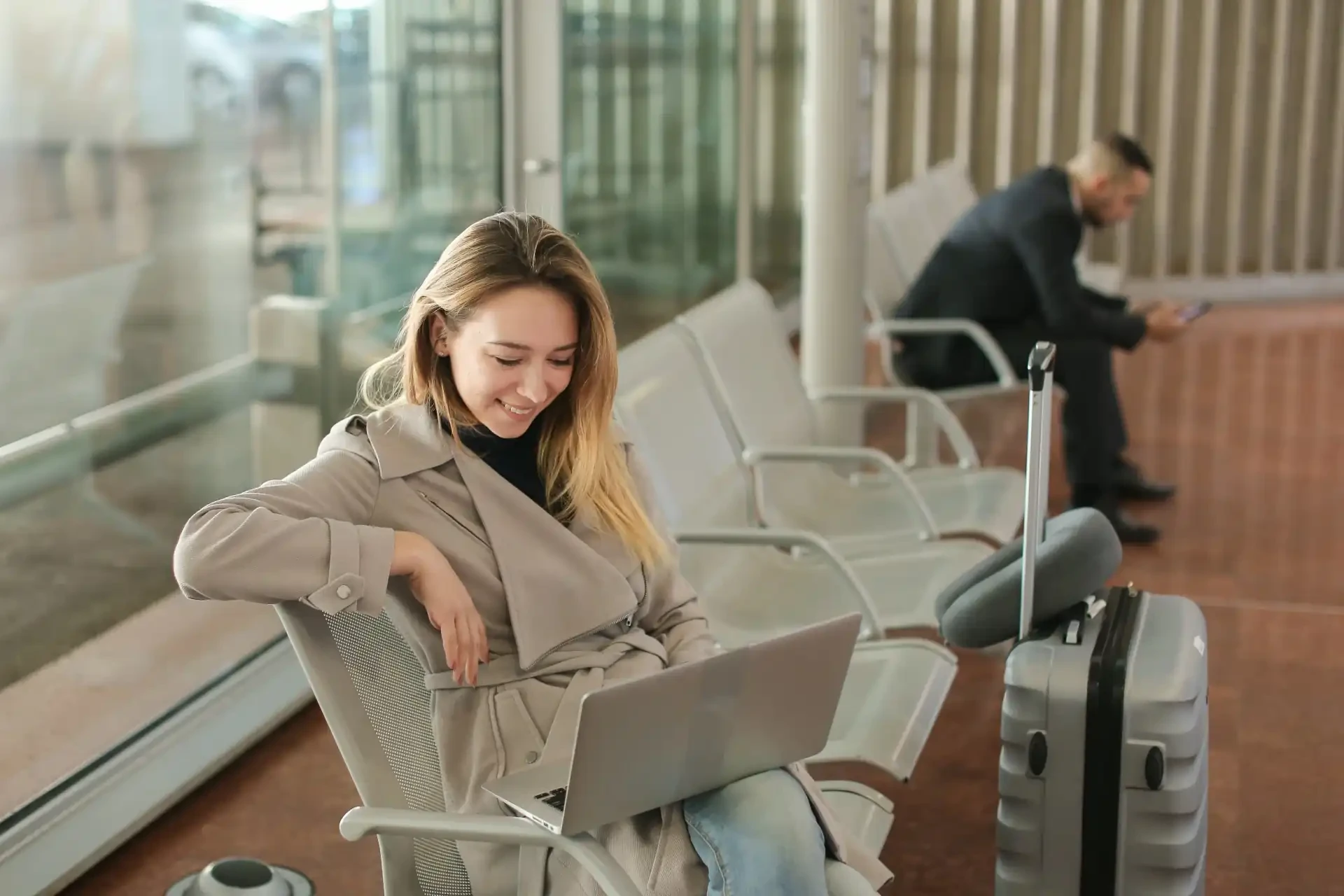 Lady using wifi in airport
