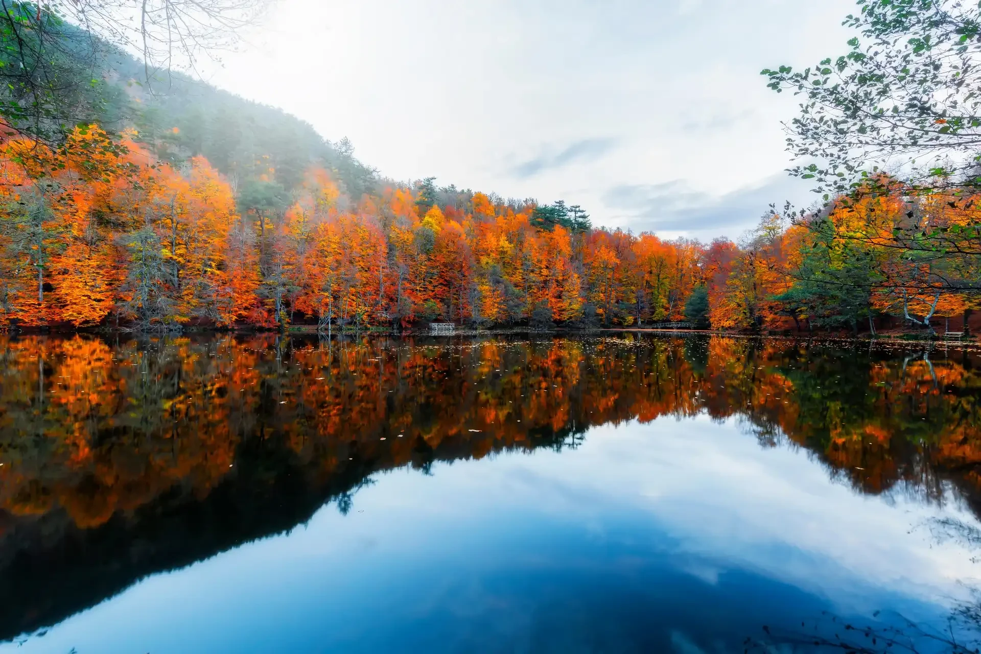 A serene lake in Turkey surrounded by autumn foliage, capturing the beauty of the changing seasons.