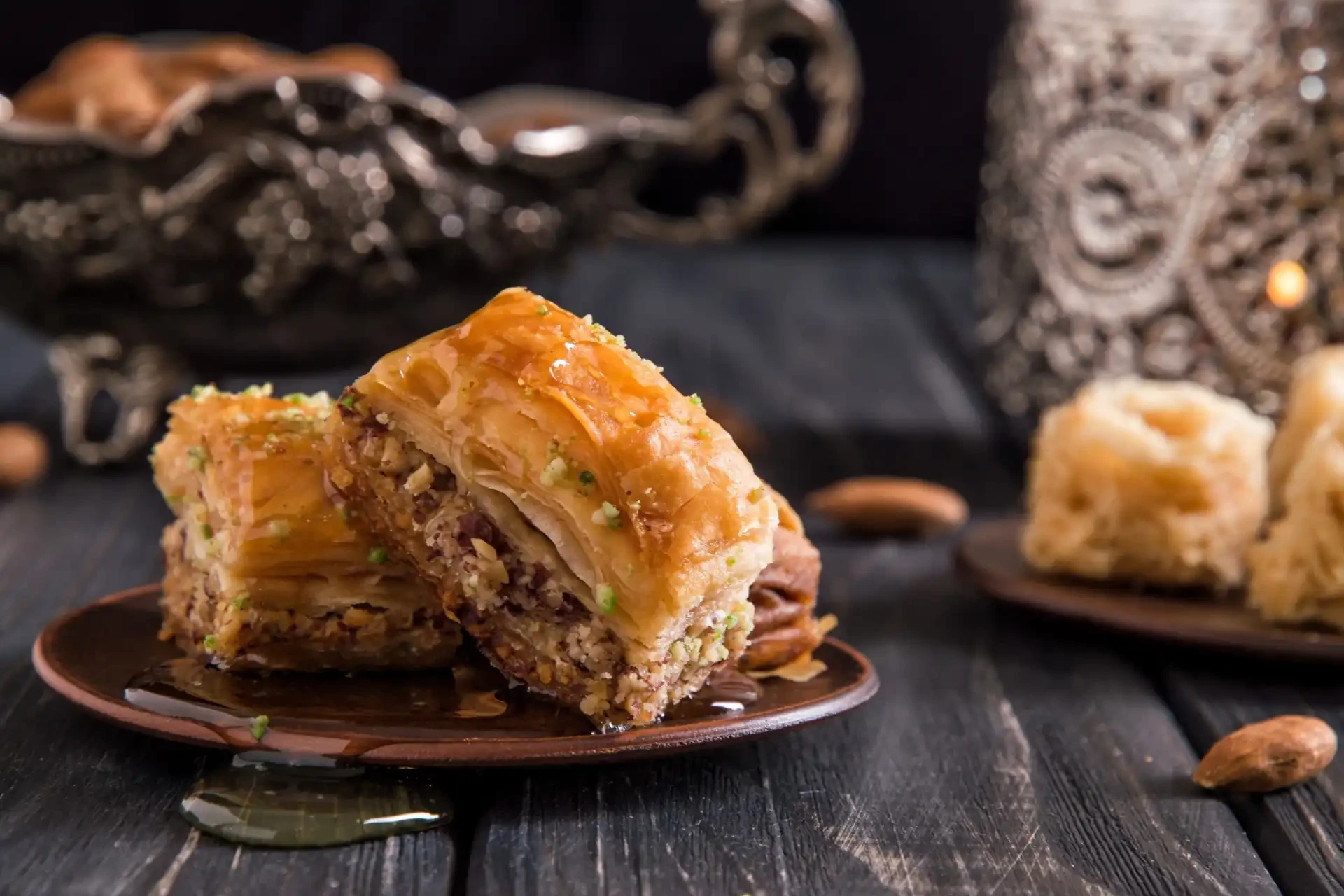 A tempting display of baklava, a sweet Turkish pastry made of layers of filo dough, chopped nuts, and honey or syrup."