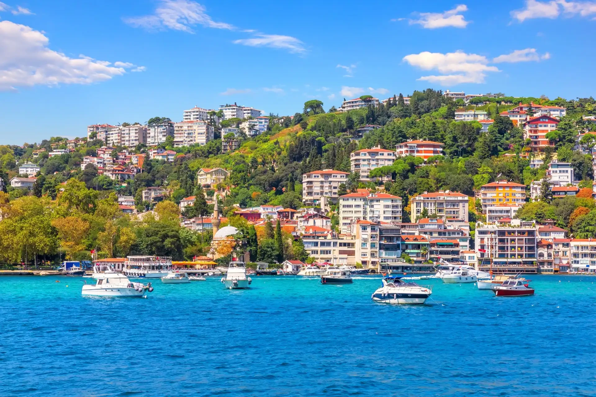 A scenic Bosphorus cruise in Istanbul, Turkey, with panoramic views of the city's skyline.