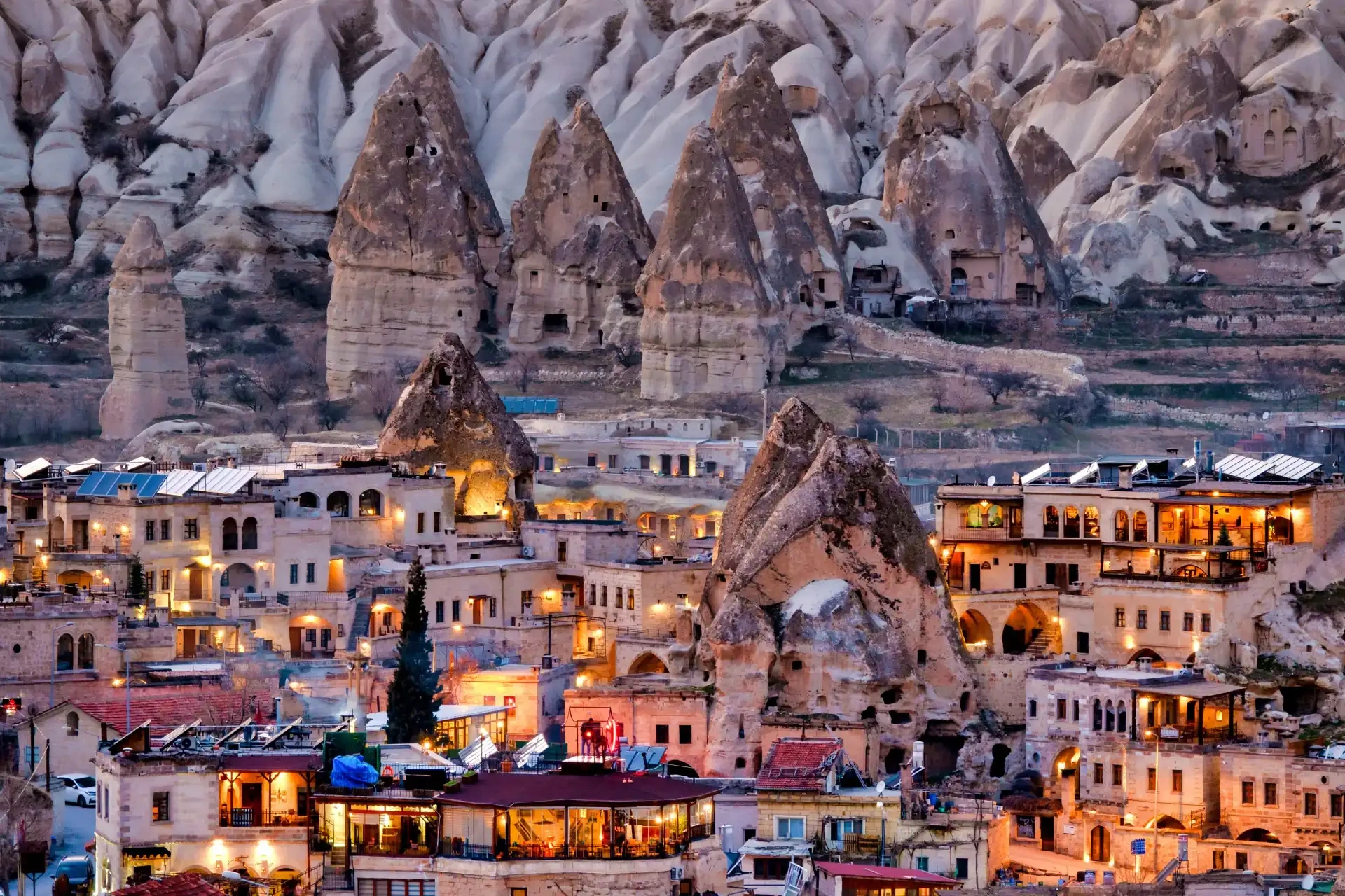 Distinctive fairy chimneys and unique rock formations in Cappadocia, creating a surreal and otherworldly landscape.