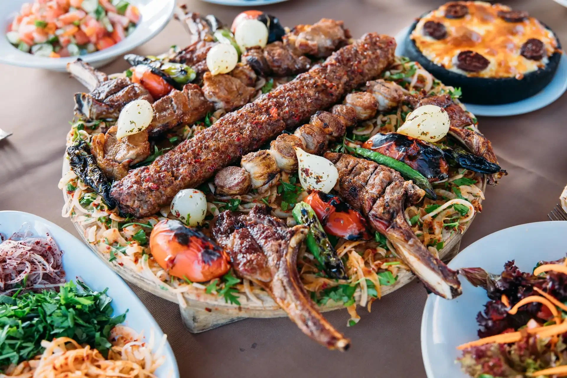 A close-up of a delicious Doner kebab, a popular Turkish dish featuring seasoned and grilled meat.