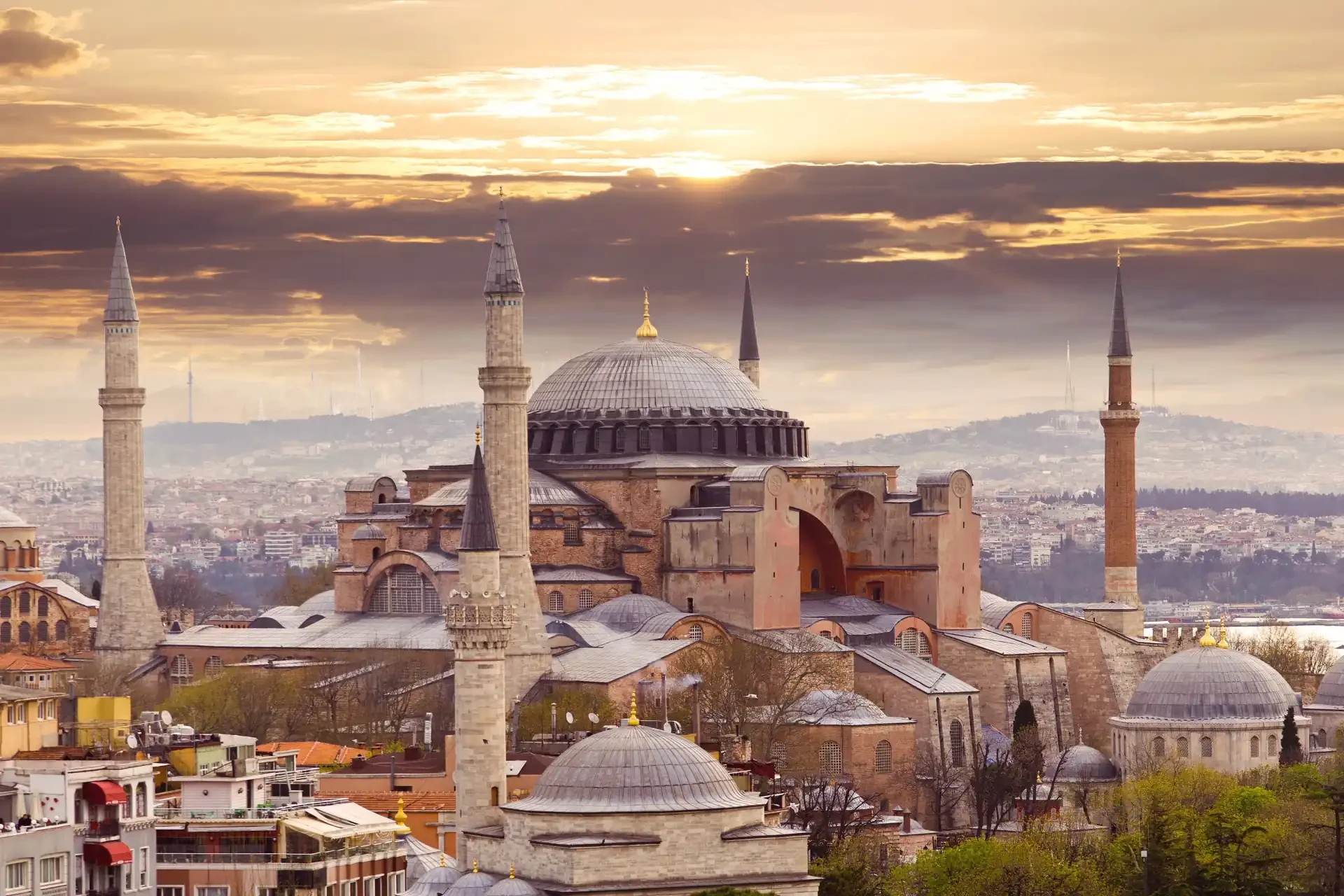An exterior view of Hagia Sophia, Istanbul, showcasing the grandeur of its historic architecture.